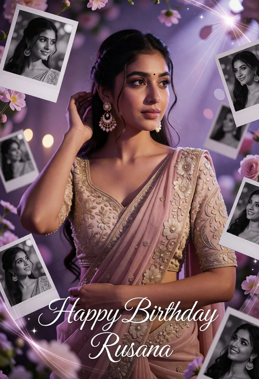 Young woman in beige blouse and pink saree surrounded by polaroid photos - AI generated image prompt sample