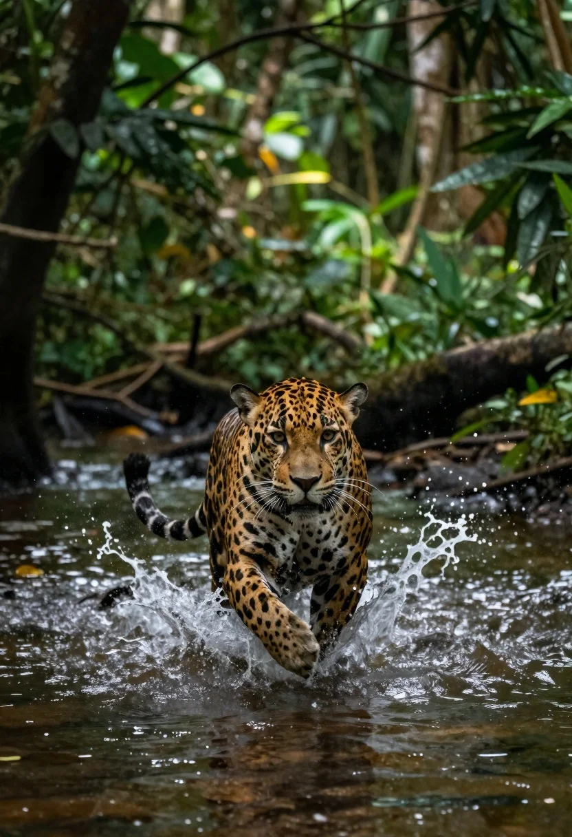 Jaguar sprinting through shallow rainforest water