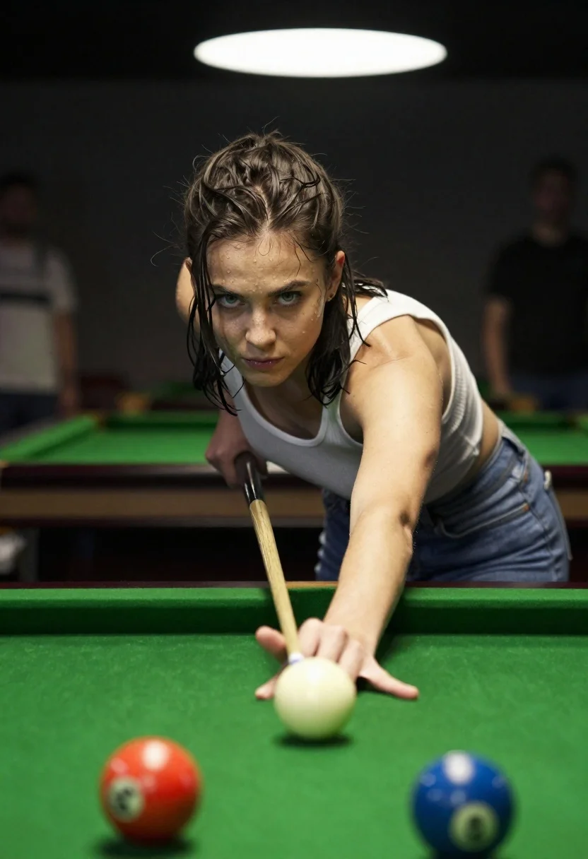 Young woman crouching over green pool table aiming with intense focus - AI generated image prompt sample