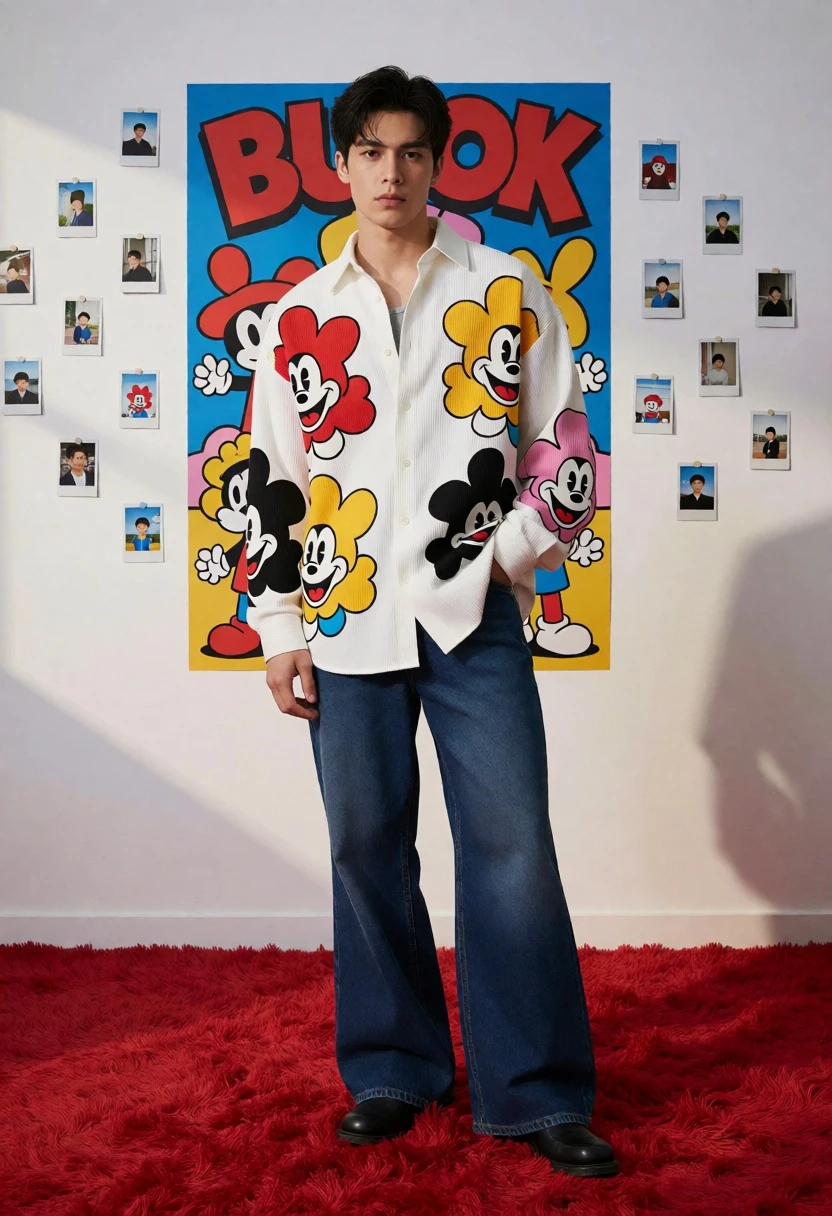 Young man in graphic shirt standing on red carpet against white poster - AI generated image prompt sample