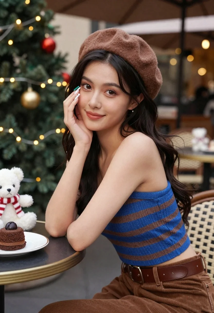 Young woman in brown beret sitting at decorated cafe during holidays - AI generated image prompt sample