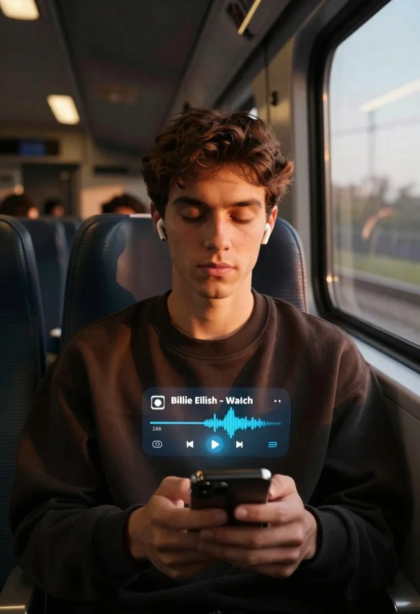 Young man on train listening to music at golden hour