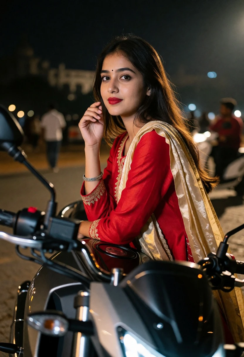 Young woman on motorcycle at night looking back over shoulder urban scene - AI generated image prompt sample