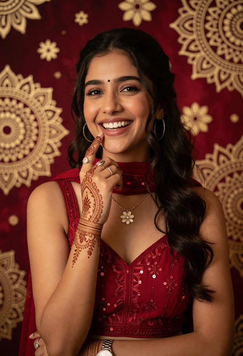 Smiling young woman with dark wavy hair against maroon mandala backdrop - AI generated image prompt sample