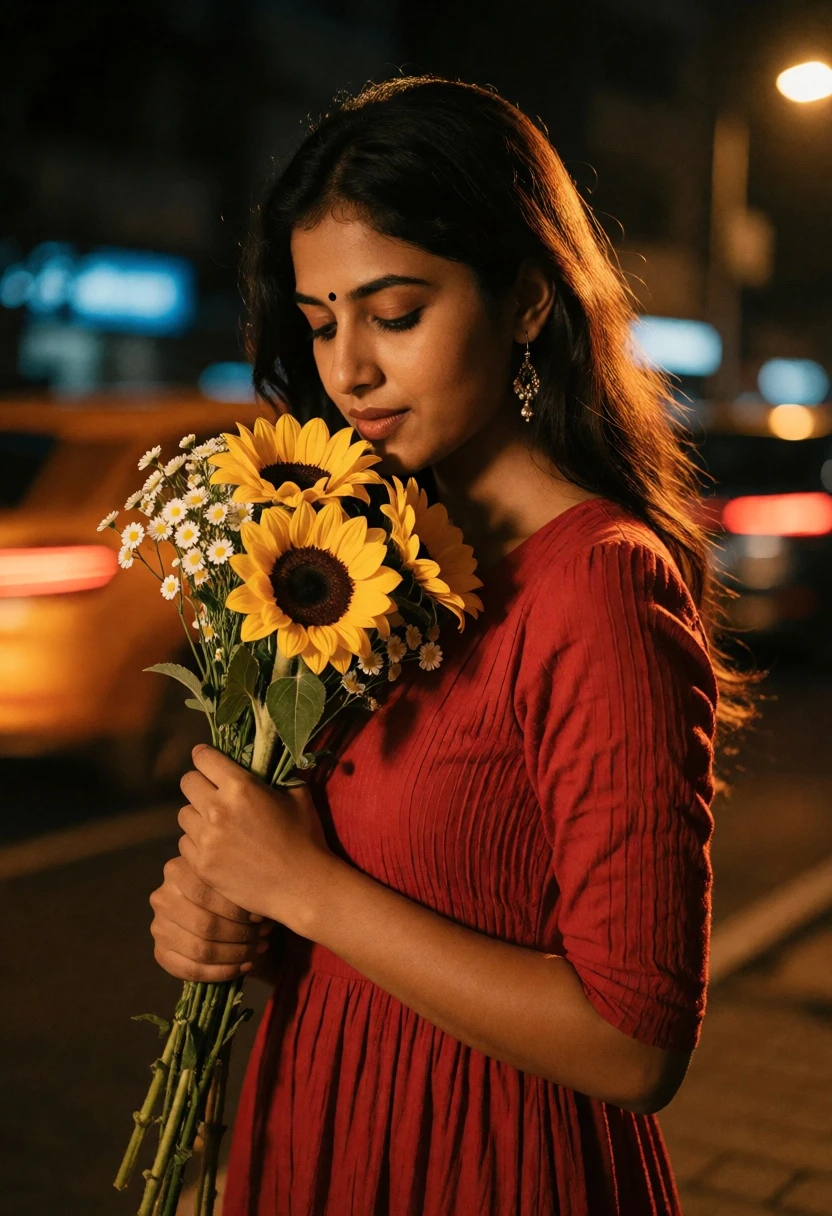 Young woman in red dress smelling sunflowers on a dark urban street - AI generated image prompt sample