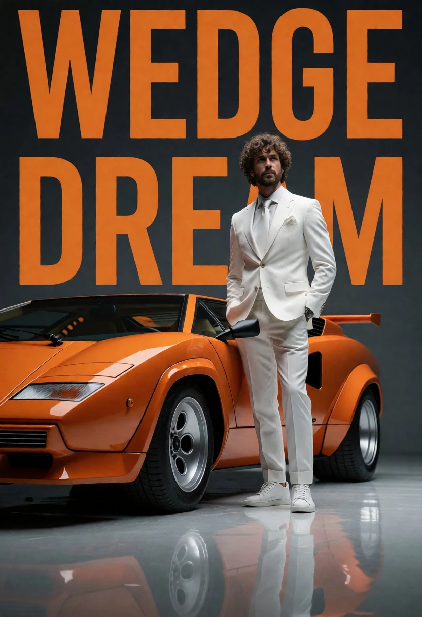 Man in white suit beside orange lamborghini countach on studio floor - AI generated image prompt sample