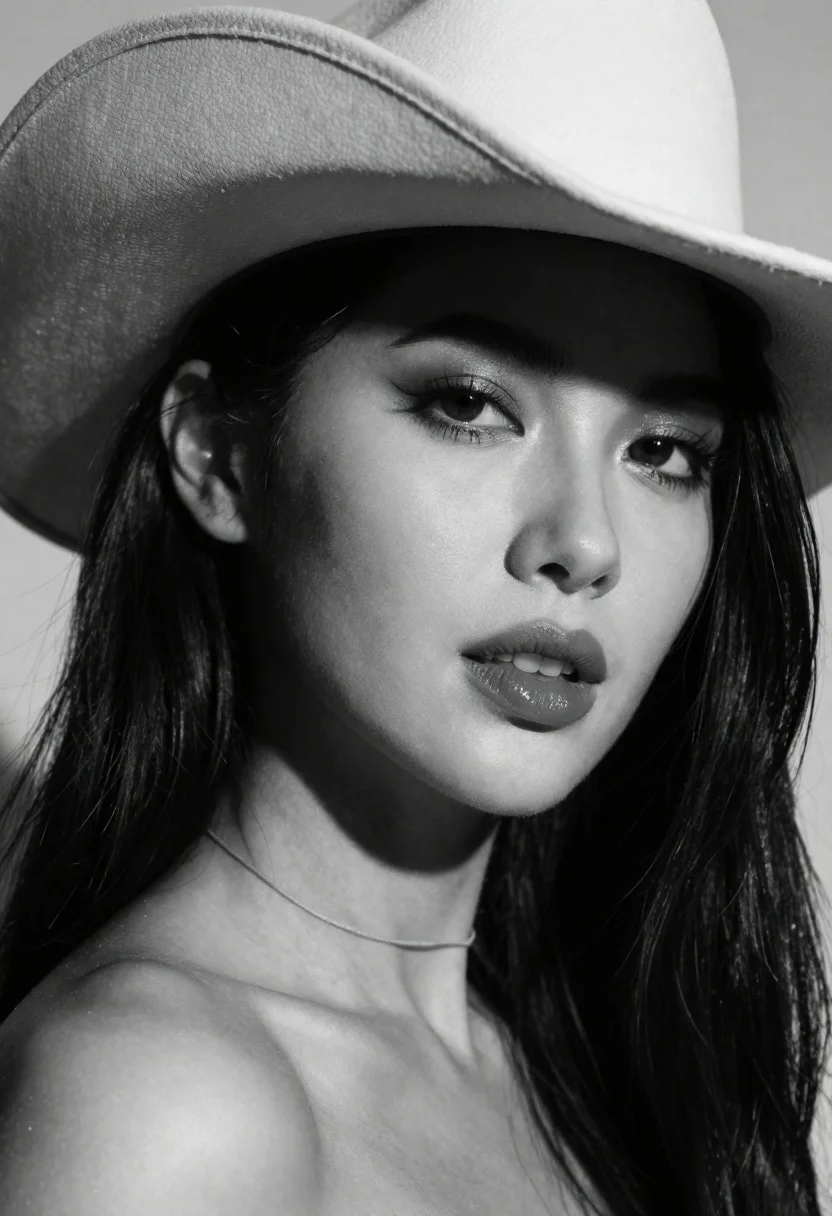 Black and white fashion portrait of woman in cowboy hat - AI generated image prompt sample