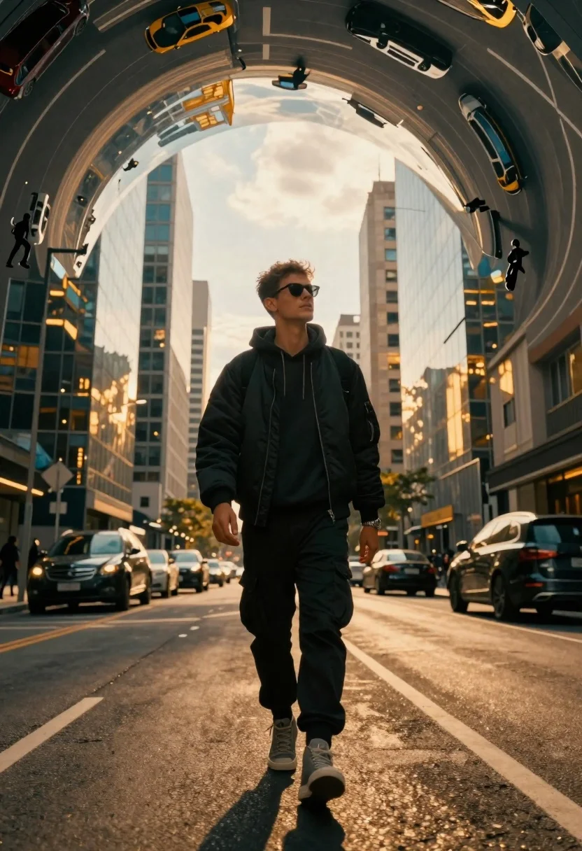 Young man walking down a surreal curved city street at golden hour - AI generated image prompt sample
