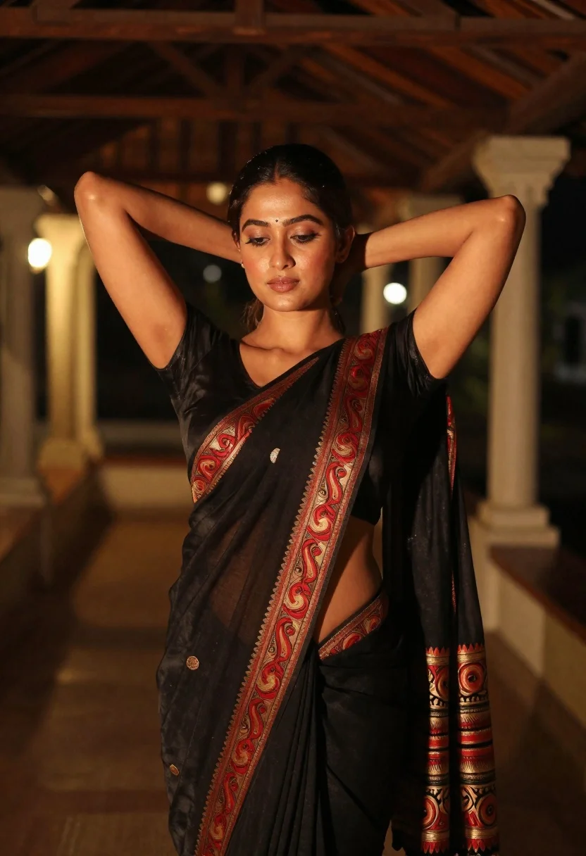 Woman in black embroidered saree posing outdoors at night