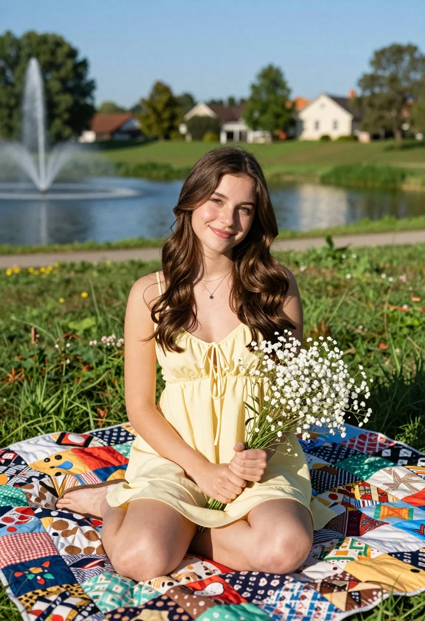 Young woman with brown hair sitting on quilt by sunny pond in - AI generated image prompt sample
