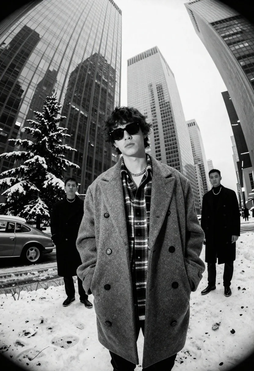 Monochrome fashion shot of man against curved skyscrapers and snow - AI generated image prompt sample