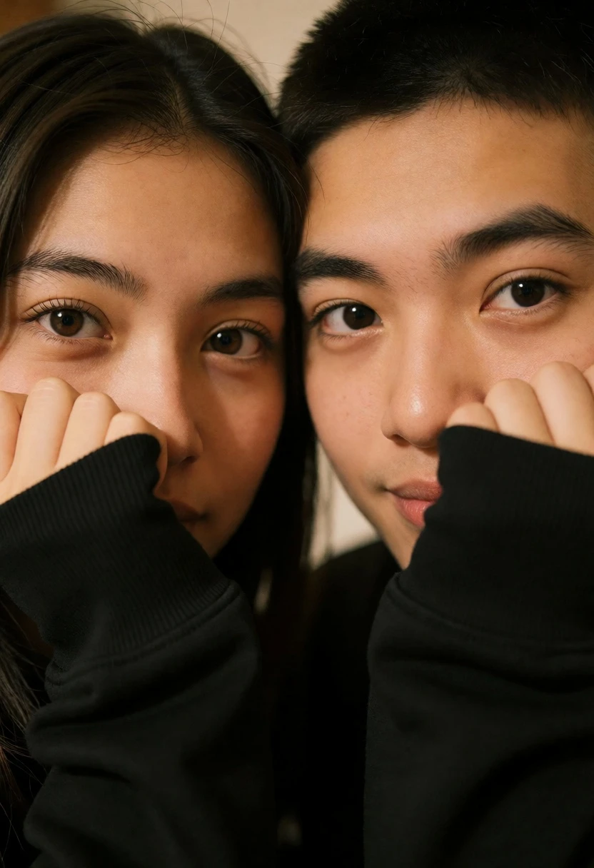 Extreme closeup selfie portrait of two people peering closely at camera - AI generated image prompt sample