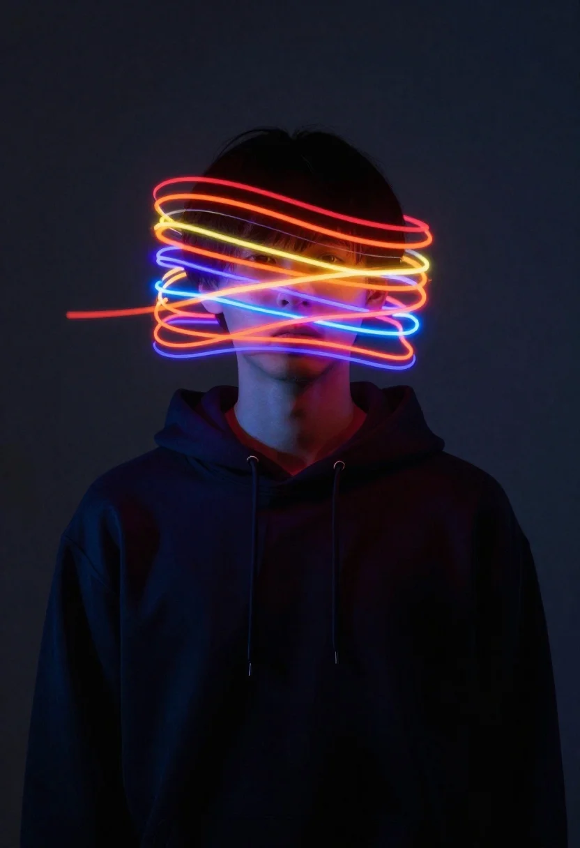 Figure obscured by neon light ribbons against charcoal background