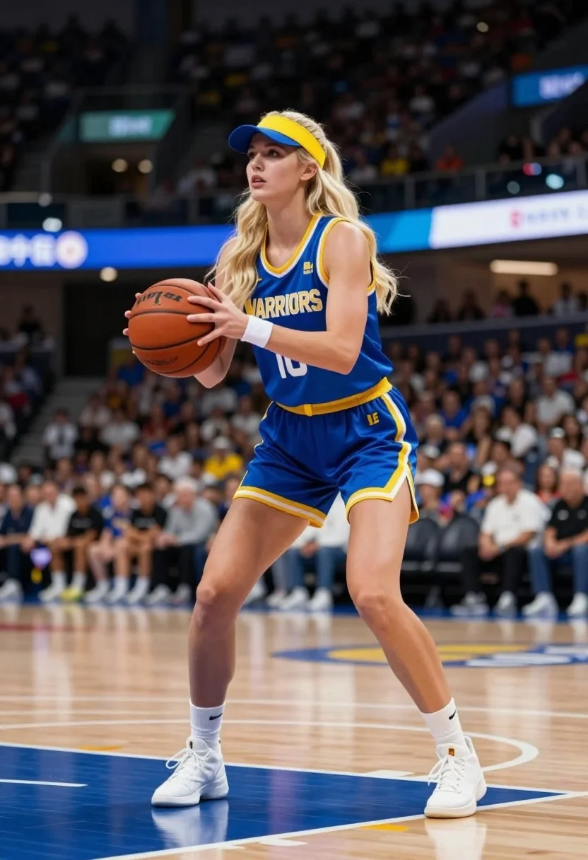 Blonde woman in basketball uniform posing dynamically on polished wooden court - AI generated image prompt sample