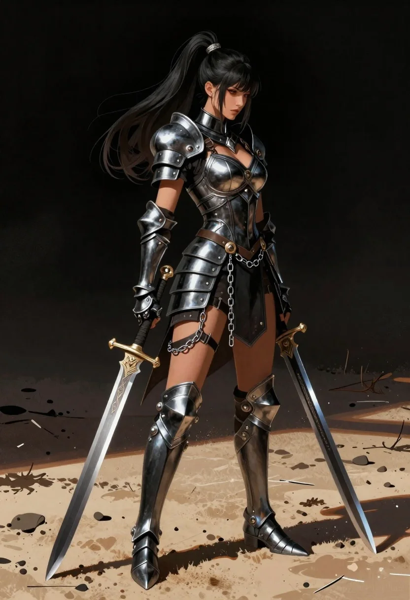 Female warrior in black armor standing on sandy terrain - AI generated image prompt sample