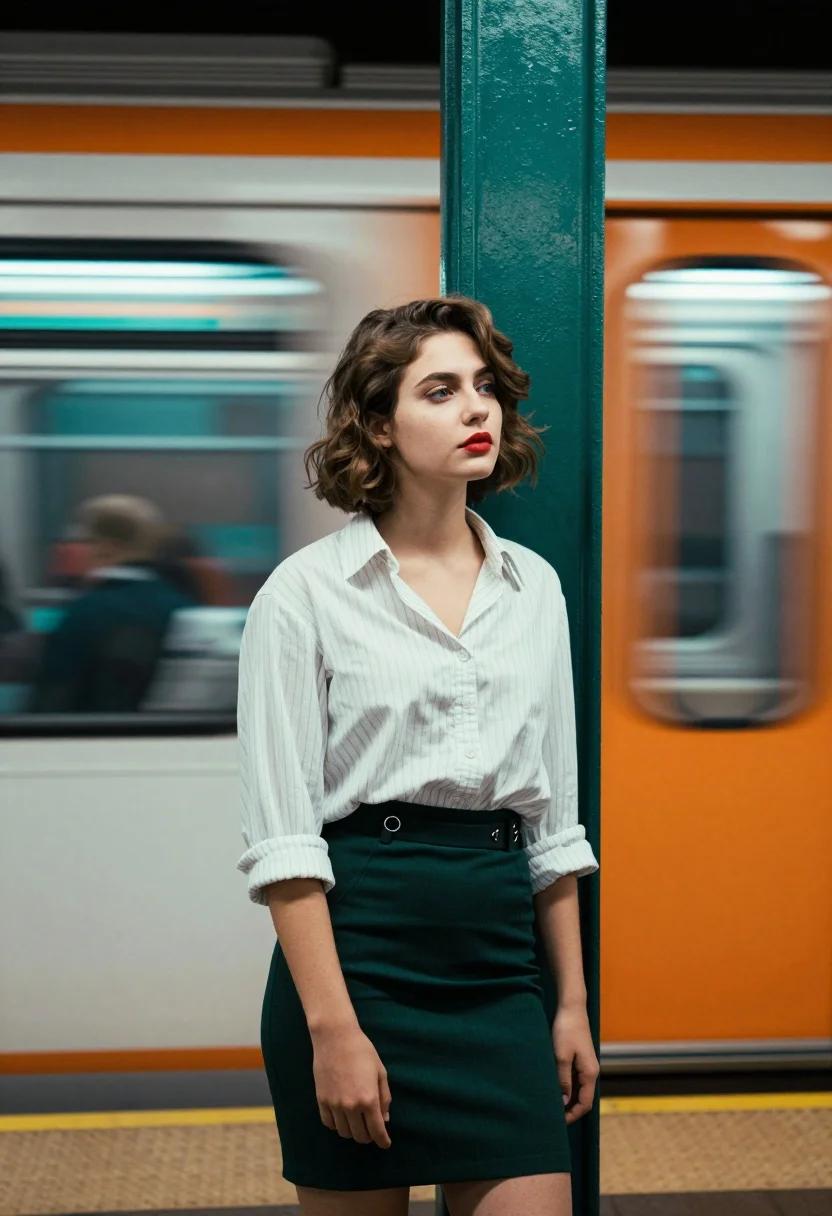 Young woman in striped shirt by green pillar at subway platform - AI generated image prompt sample