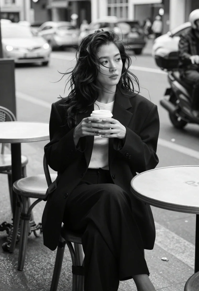 Woman in oversized blazer sitting at an outdoor cafe table - AI generated image prompt sample