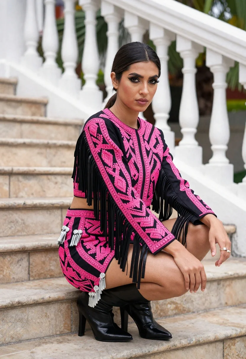 Young woman crouching on stone stairs in embroidered pink and black outfit