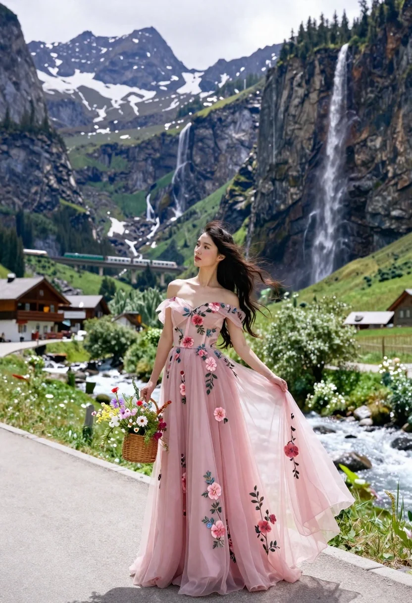 Woman in pink floral gown holding wildflower basket in mountain valley - AI generated image prompt sample