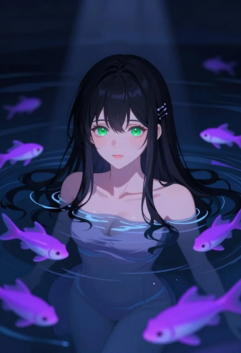 Anime style woman floating in dark water surrounded by glowing purple fish - AI generated image prompt sample