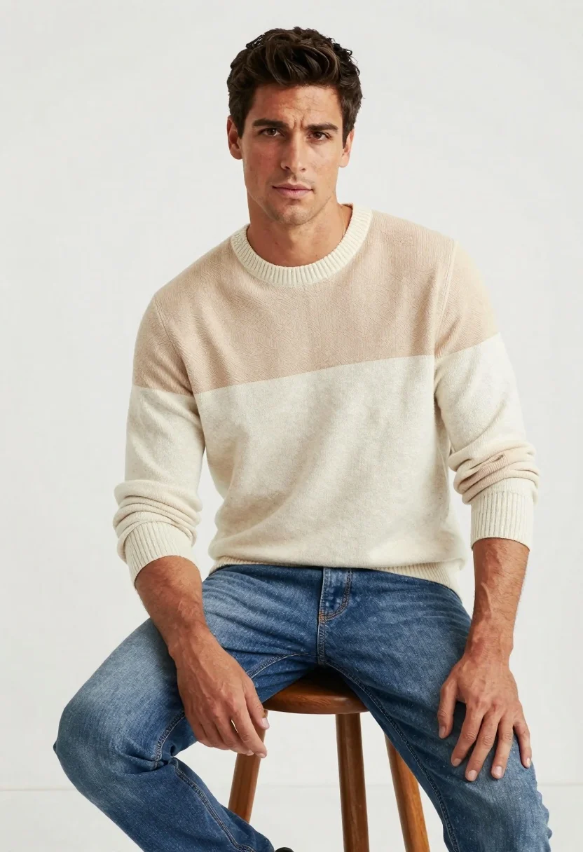 Handsome man in knit sweater sitting on stool against white background - AI generated image prompt sample