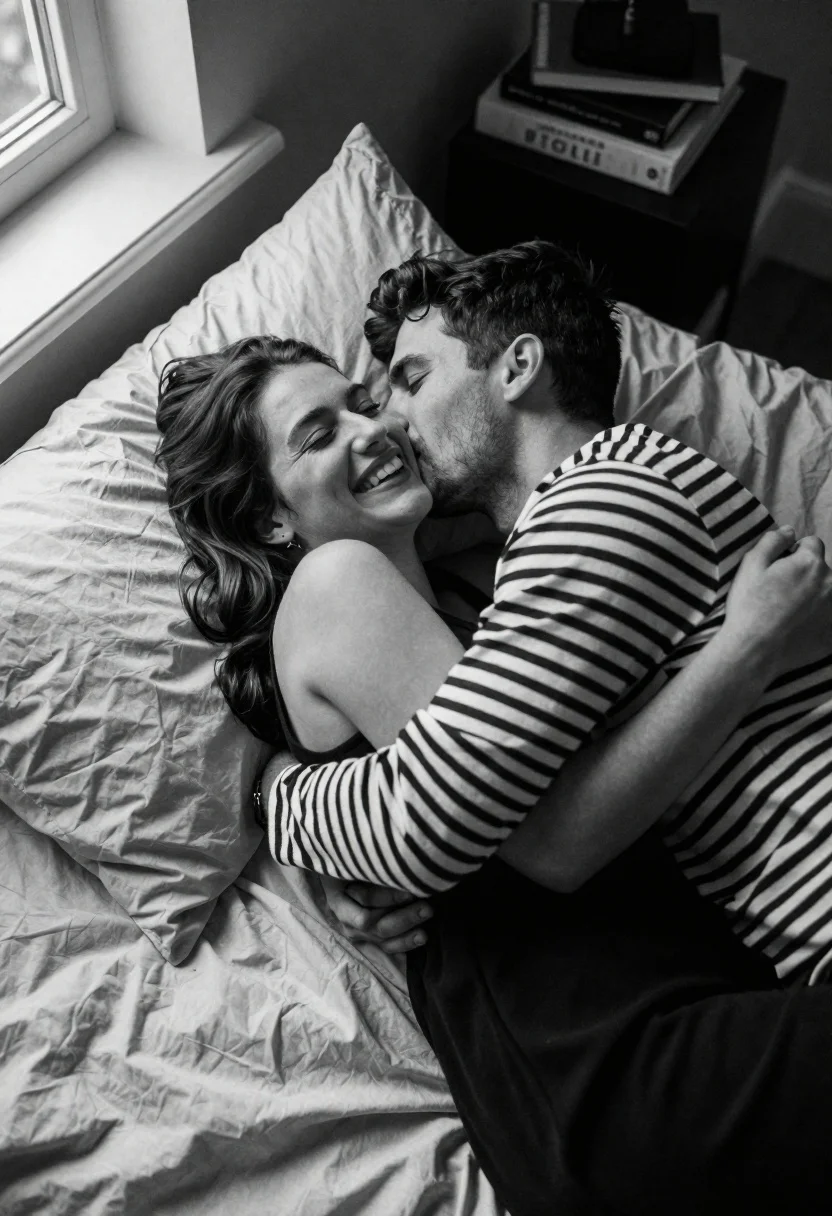 Couple embracing on a bed in soft light captured from high angle - AI generated image prompt sample