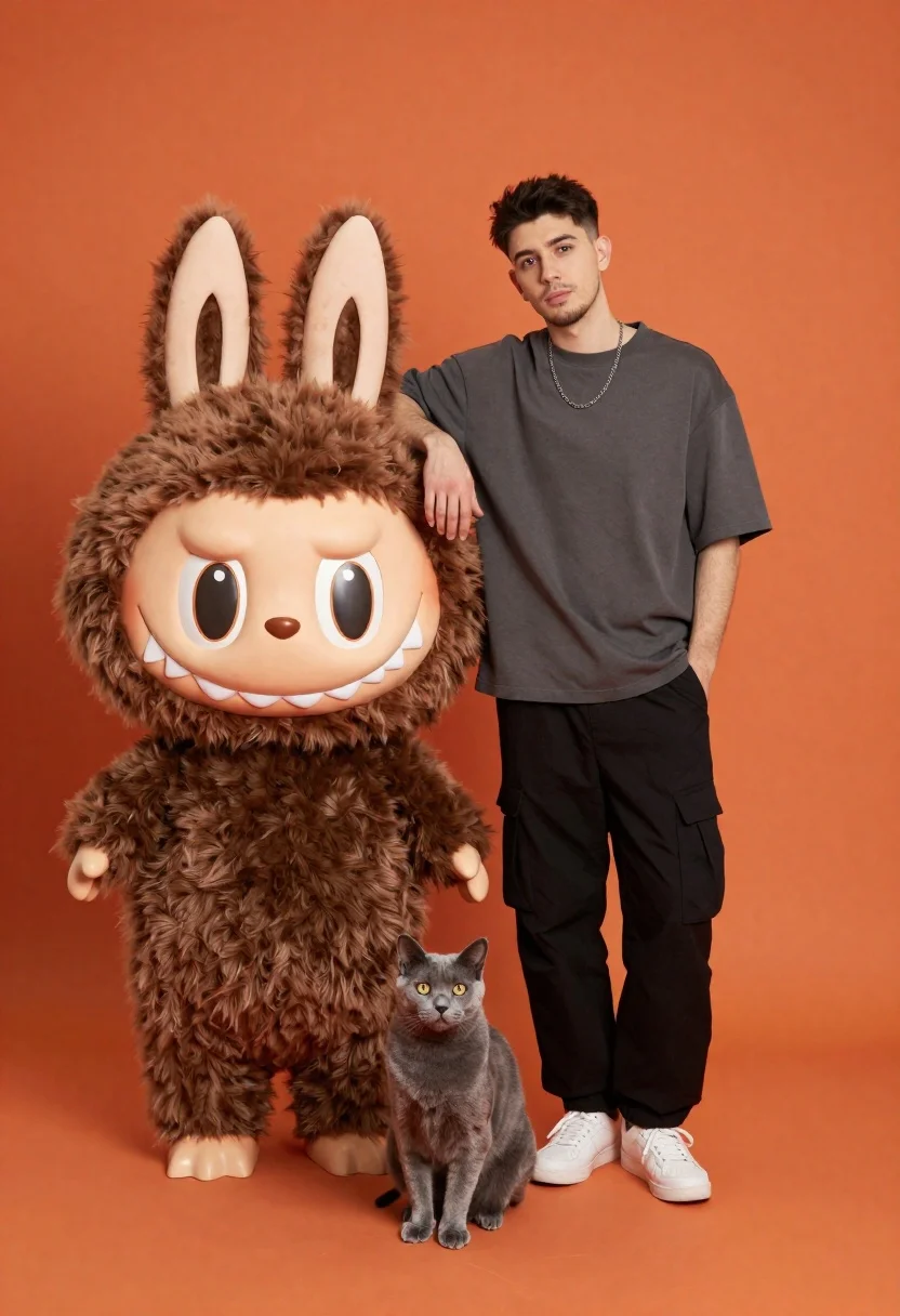 Young man posing with plush rabbit mascot and grey cat studio portrait - AI generated image prompt sample