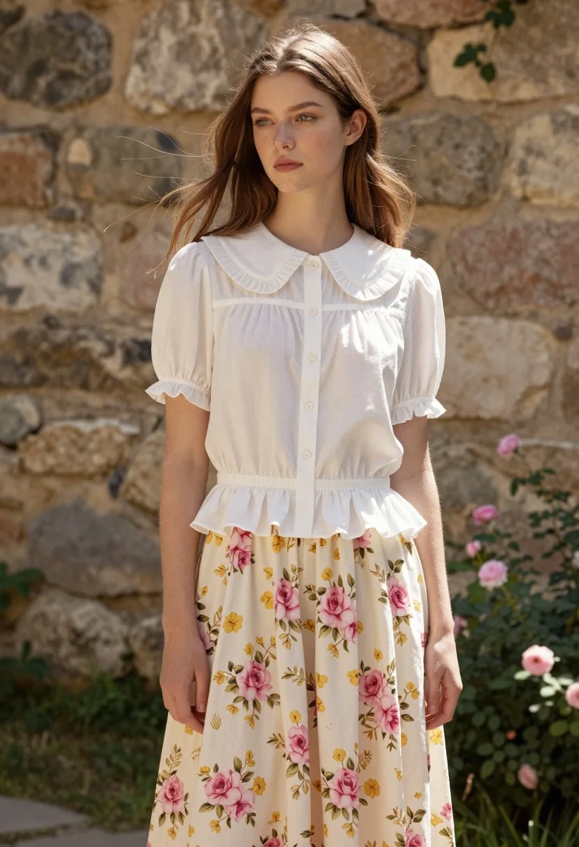 Fairskinned woman in vintage floral dress standing in sunlit garden setting - AI generated image prompt sample