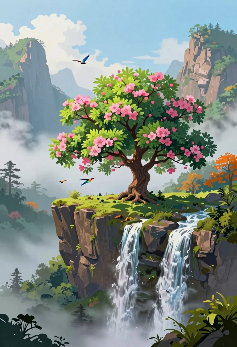 Majestic tree with pink blossoms on mossy cliff overlooking misty valley - AI generated image prompt sample