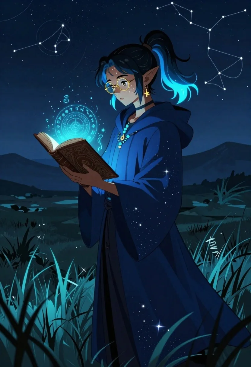 Elf wizard reading glowing book in starry night field