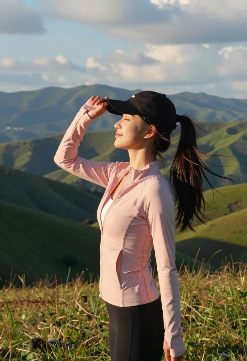 Young woman in athletic wear standing in green hills with mountains - AI generated image prompt sample