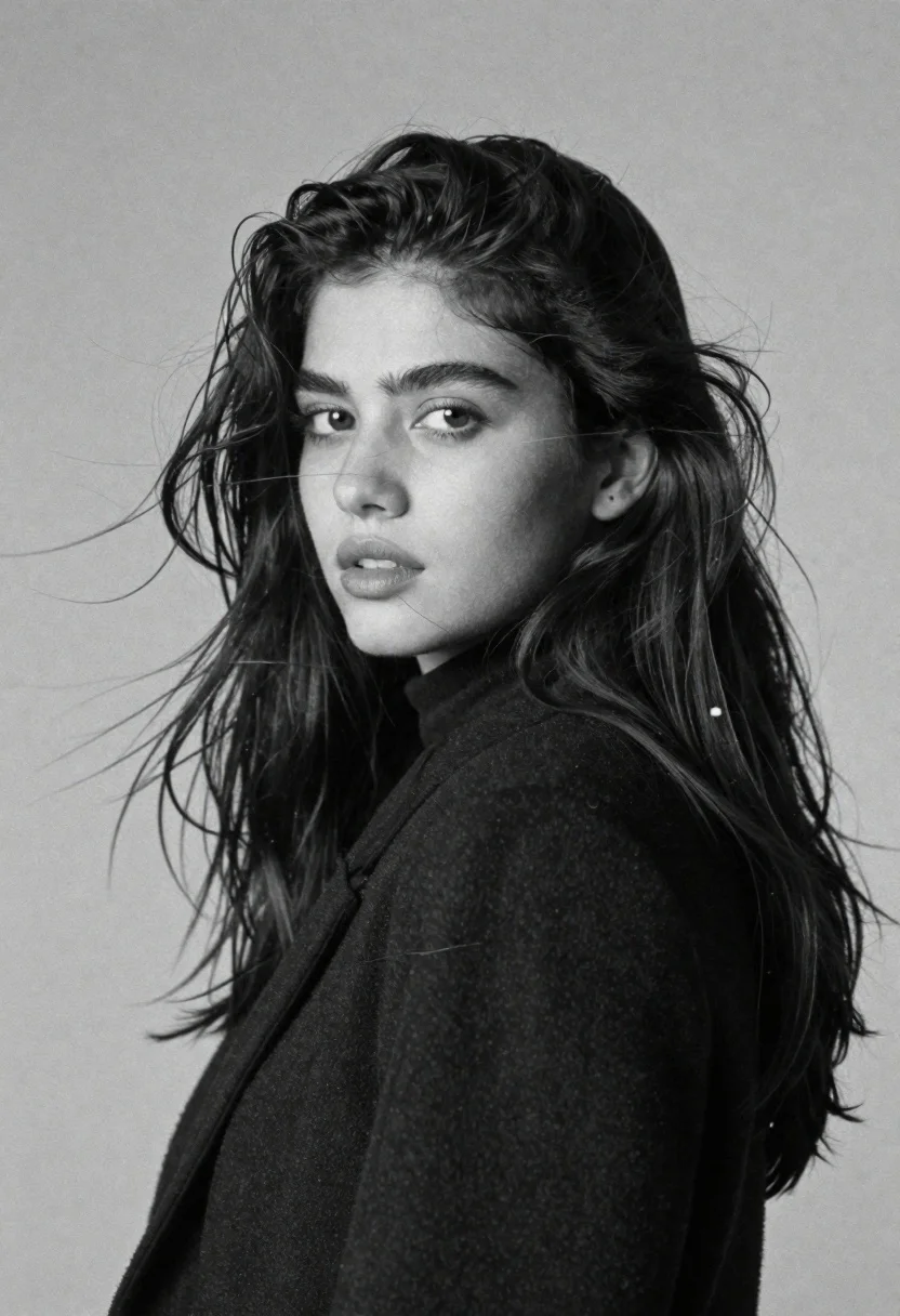 Black and white portrait of woman with wind blown hair - AI generated image prompt sample