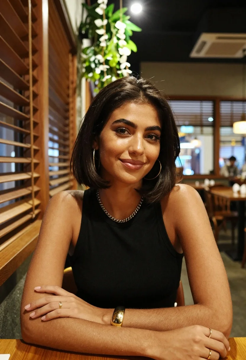 Medium close up of woman with dark bob in modern cafe setting - AI generated image prompt sample