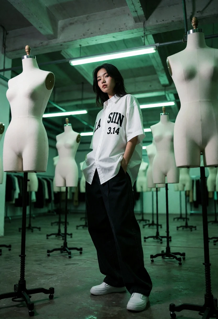 Young woman in oversized shirt among mannequins in industrial showroom - AI generated image prompt sample