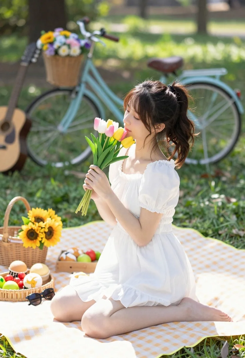 Young woman in white dress holding tulips on picnic blanket in park - AI generated image prompt sample