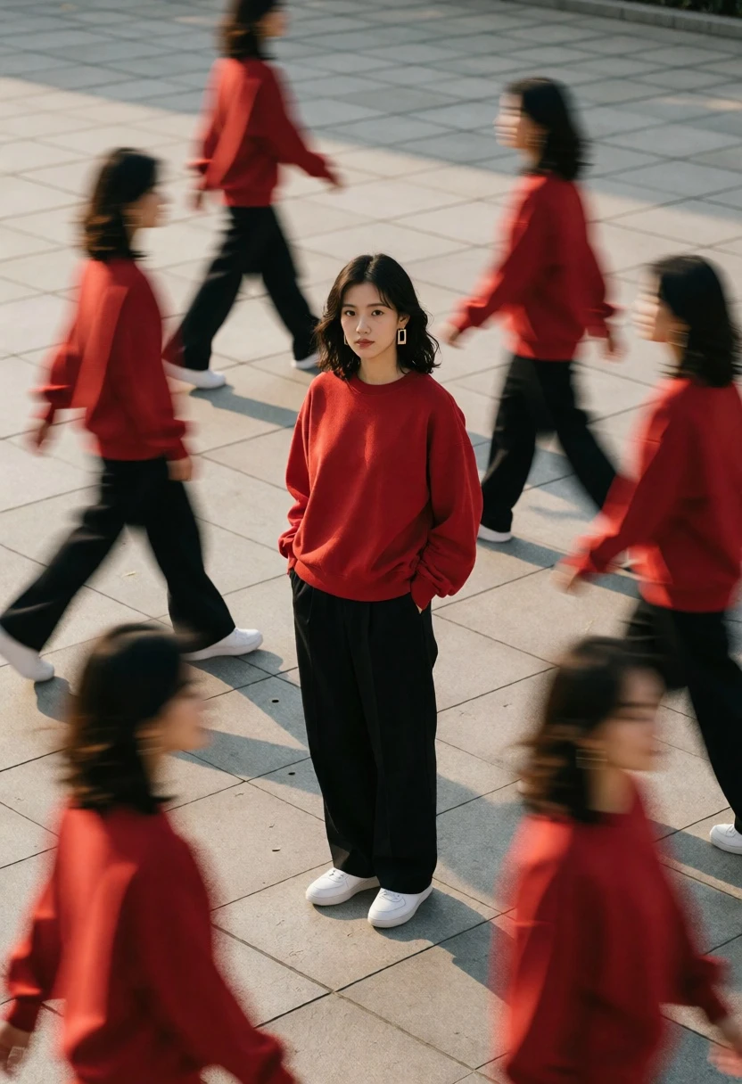 High angle shot of woman surrounded by blurred duplicates walking on plaza - AI generated image prompt sample