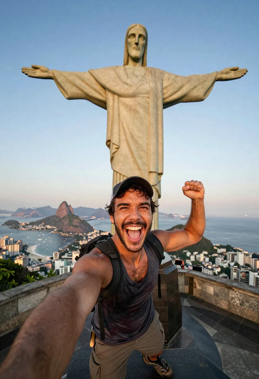Exhilarated tourist man at christ the redeemer statue in rio