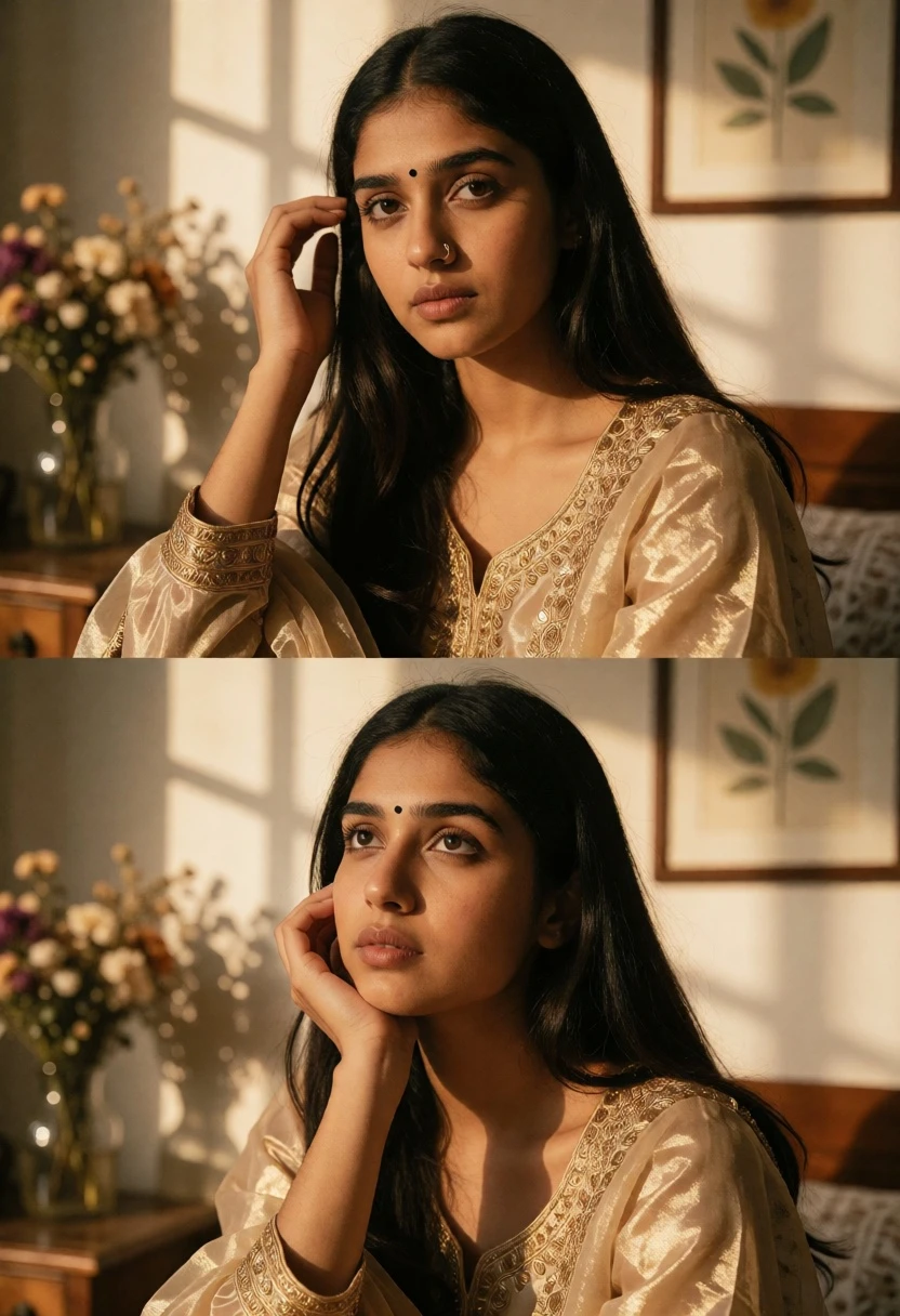 Young woman in traditional gold outfit indoors with sunlit windowpane shadows - AI generated image prompt sample