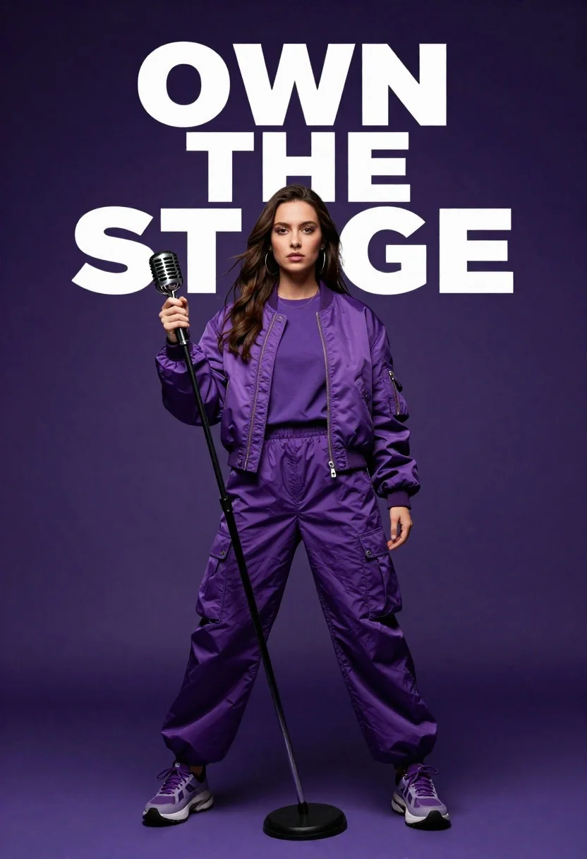 Singer in purple outfit with microphone against violet background