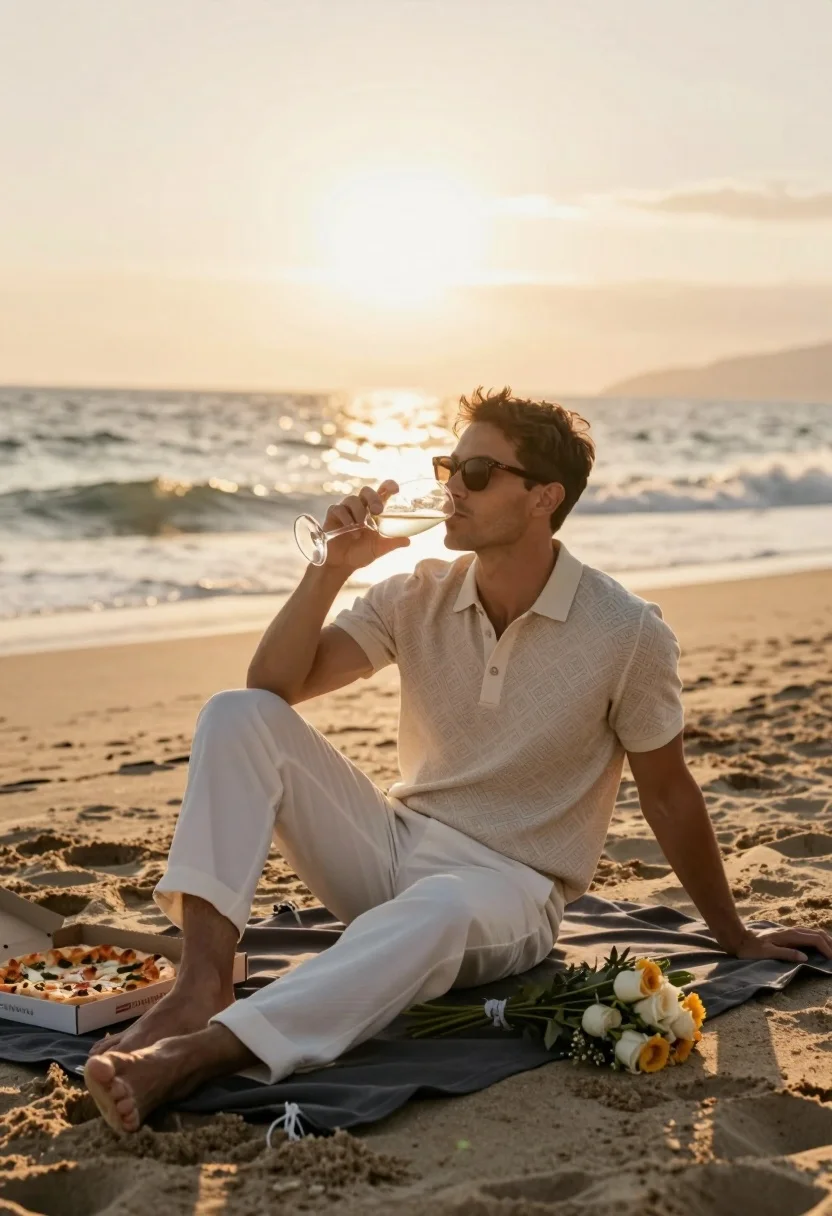 Man sitting on beach at sunset holding wine glass near pizza box - AI generated image prompt sample