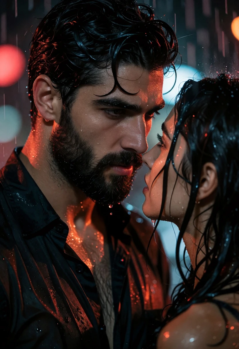 Close up portrait of man and woman gazing intensely in heavy night - AI generated image prompt sample