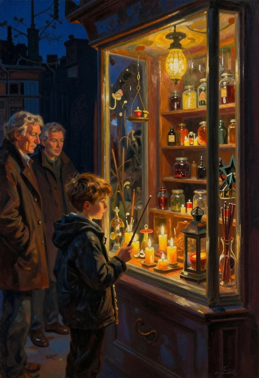 Boy looking into a candlelit antique shop window