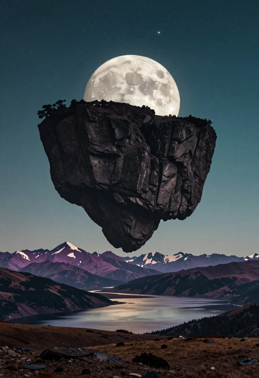 Surreal floating rock island silhouetted against starry night sky - AI generated image prompt sample