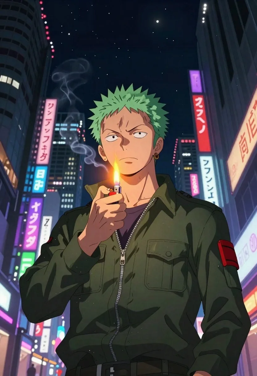Young man with green hair in neon japanese city - AI generated image prompt sample