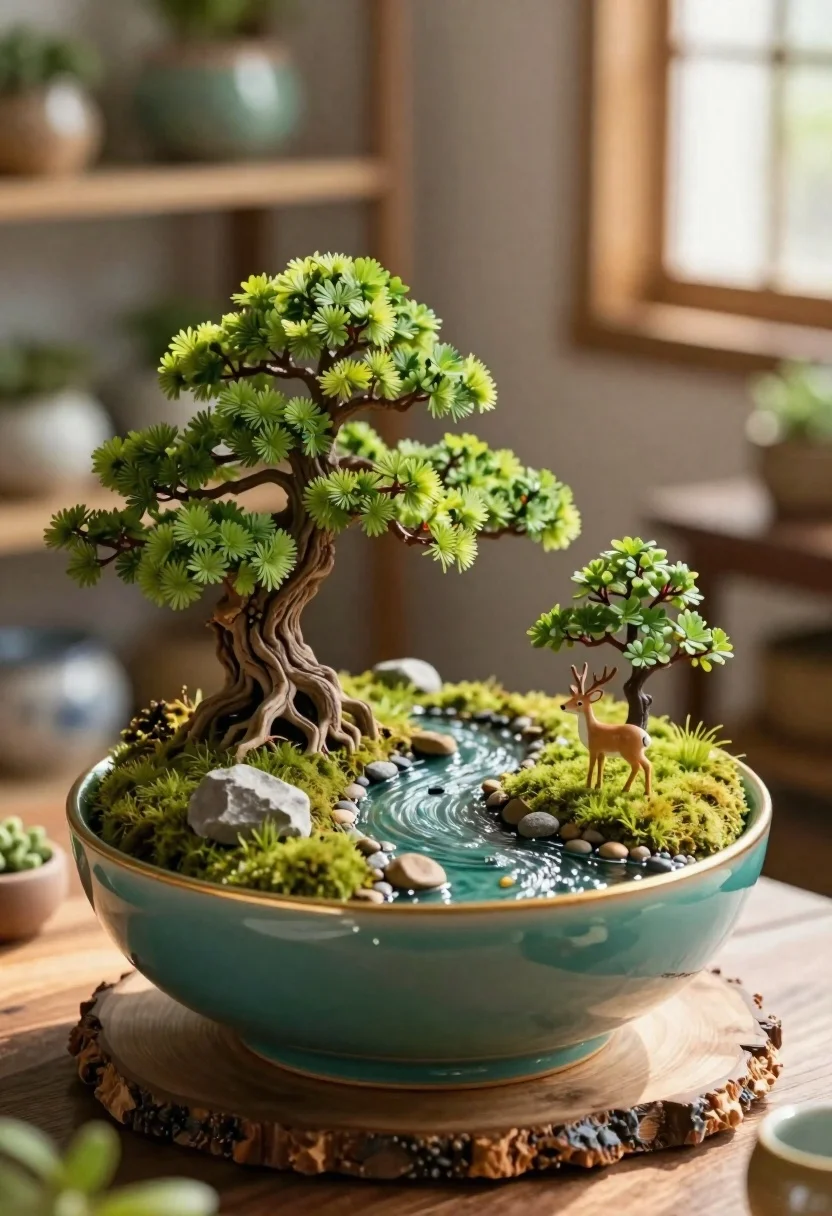 Miniature diorama in teal bowl with bonsai tree