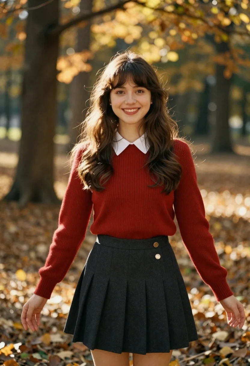 Smiling young woman in red sweater in sunlit forest