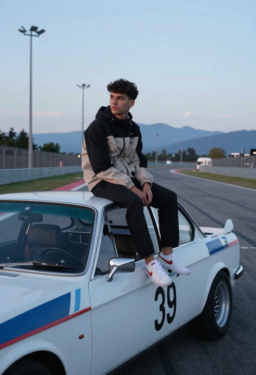 Young man sitting on vintage race car roof at racetrack twilight - AI generated image prompt sample