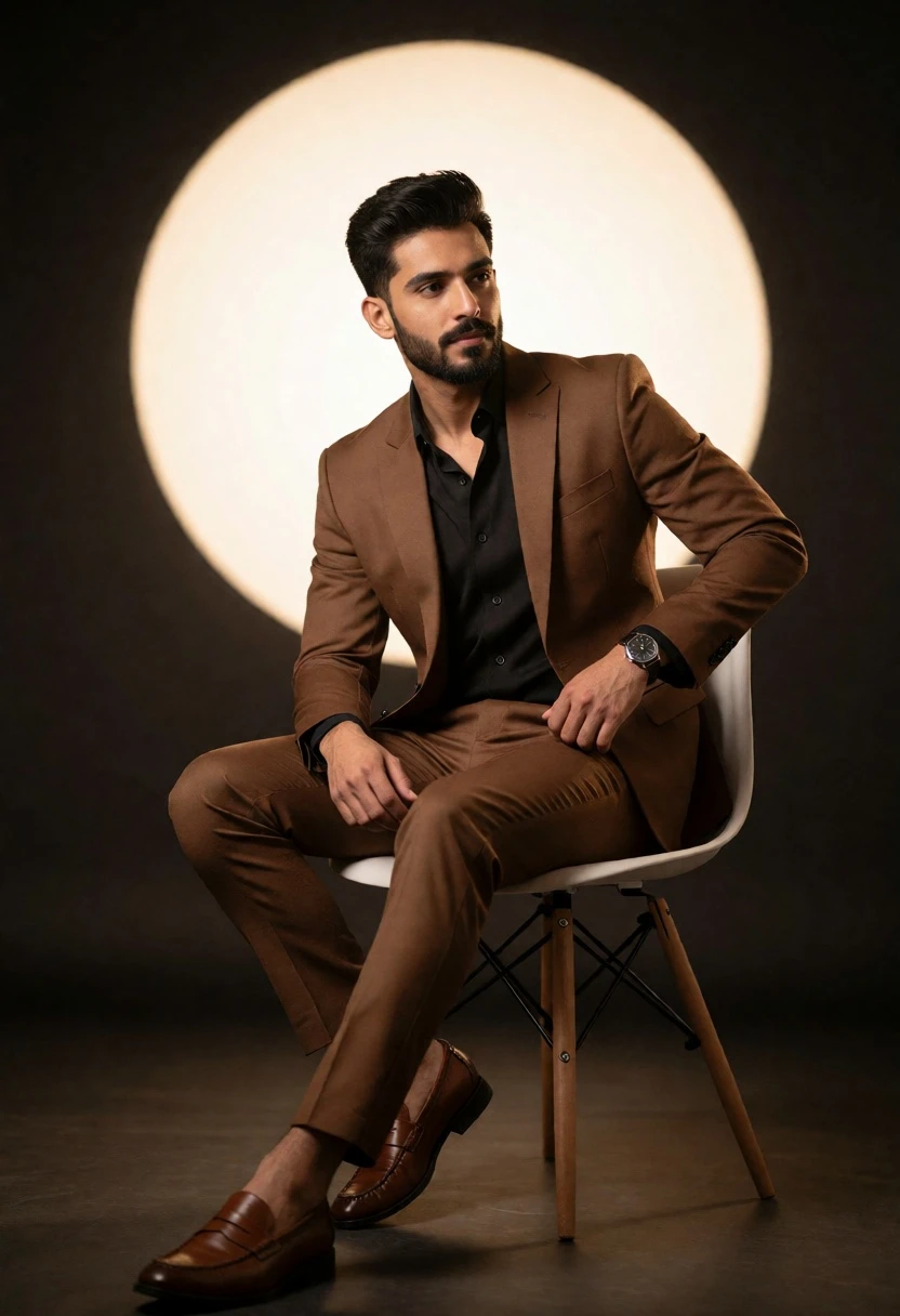 Young man in brown suit sitting on white chair against dark studio - AI generated image prompt sample