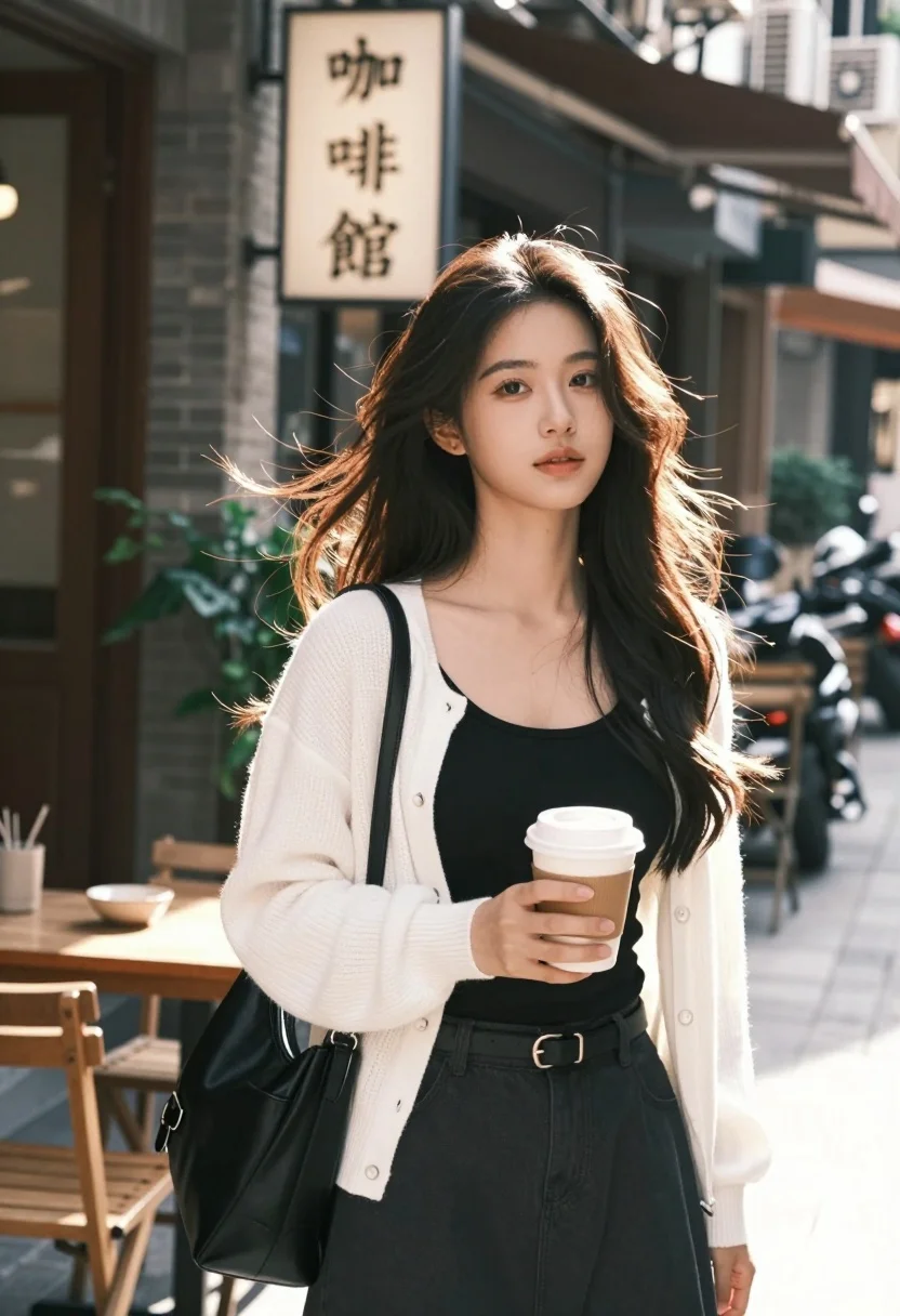 Young woman in white cardigan on urban street near cafe with coffee - AI generated image prompt sample