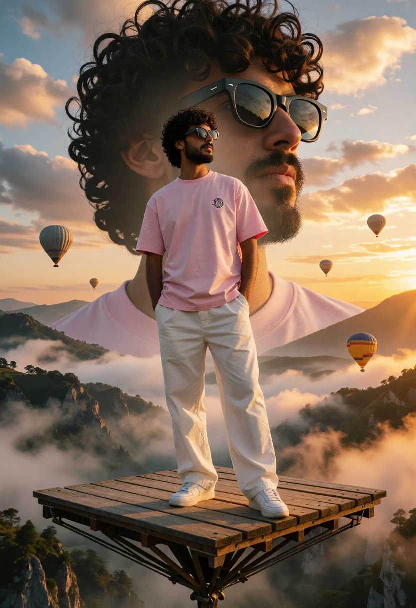 Man on wooden platform above misty mountain valley at sunrise - AI generated image prompt sample